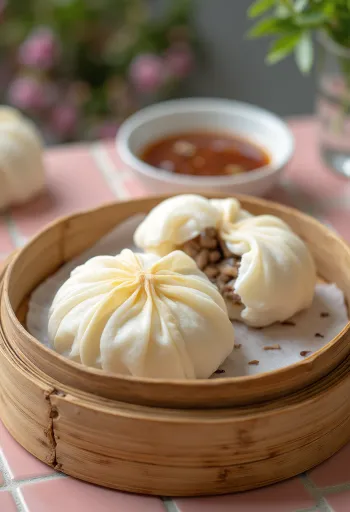 Bánh bao sertéshússal, friss korianderrel tálalva