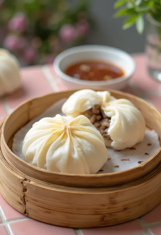 Bánh bao sertéshússal, friss korianderrel tálalva