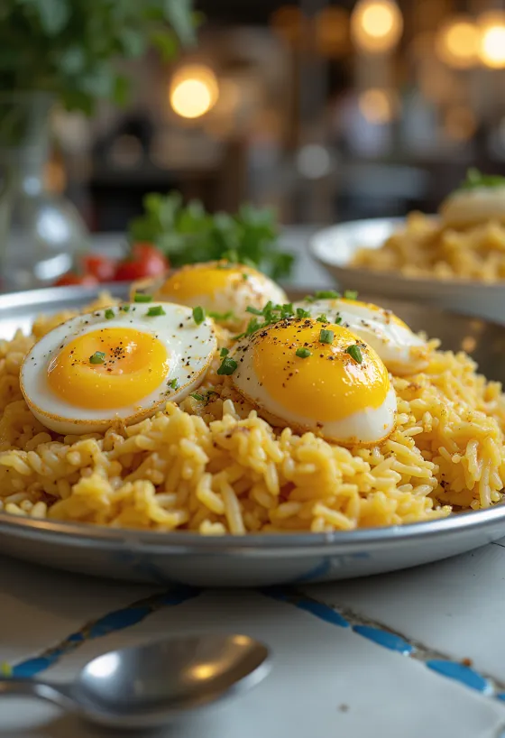 Biryani tojással, fűszeres rizs és tojás tálban tálalva