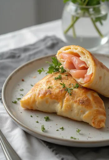 Calzone füstölt lazaccal, aranybarna kérgű, füstölt lazaccal és sajttal töltve
