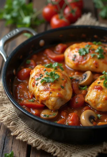 Chicken cacciatore tálalva serpenyőben zöldségekkel