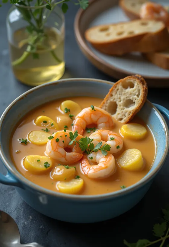Chupe de camarones, tálalva gazdag rák és kukorica levest tartalmaz.