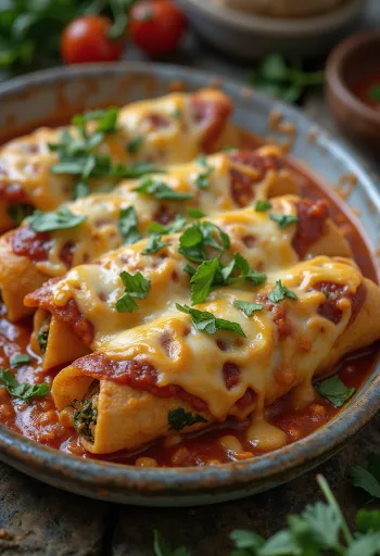 Enchilada spenóttal tálalva, sajttal a tetején
