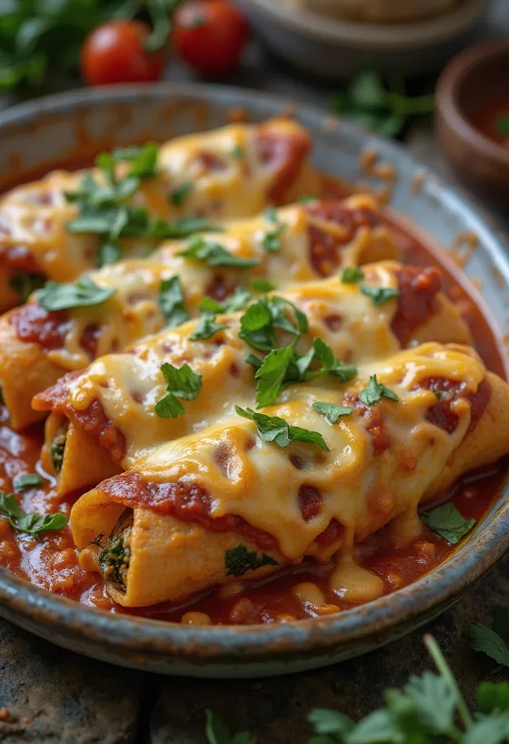 Enchilada spenóttal tálalva, sajttal a tetején