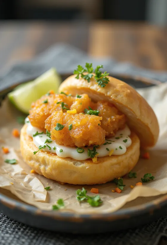 Fish Tempura Bao rántott hallal és zöldfűszeres szósszal