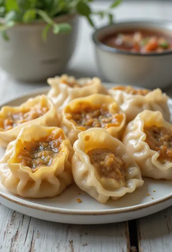 Gyoza tojással, finom, friss tésztába töltve, aranybarna ropogósra sütve