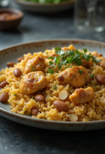 Kabsa tálalva mandulával és mazsolával