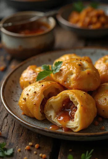Khasta kachori édes tamarind szósszal, friss és fűszeres