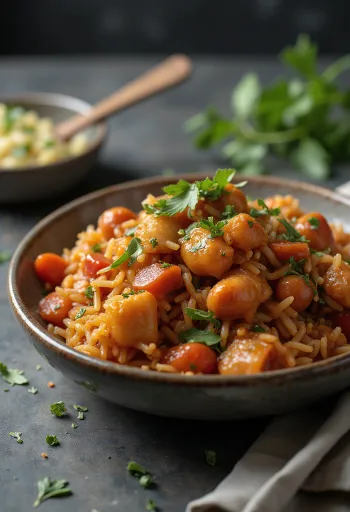 Klasszikus Jambalaya, fűszeres csirke és kolbász, rizses étel