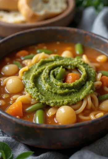 Minestrone alla genovese, friss zöldségekkel és pestóval tálalva