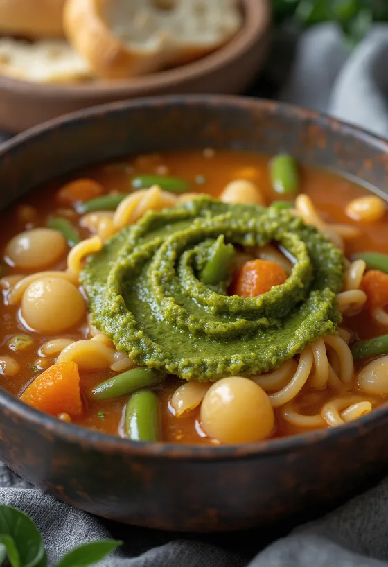 Minestrone alla genovese, friss zöldségekkel és pestóval tálalva