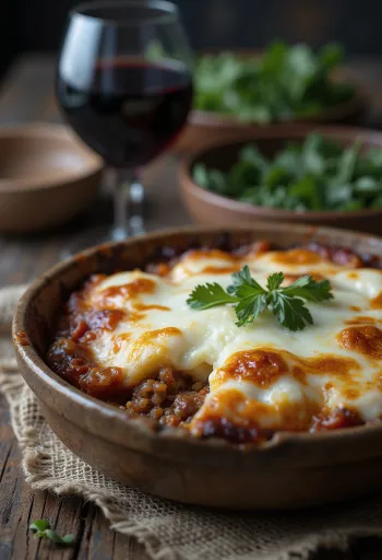 Moussaka joghurttal, padlizsánnal és darált hússal rétegezve