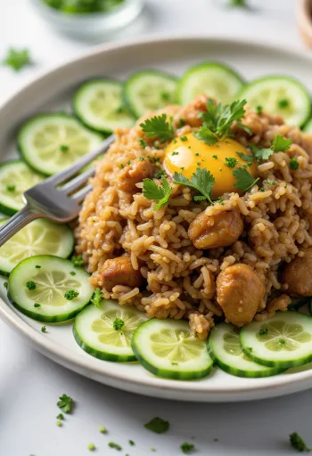 Nasi Goreng Uborkával, gazdag fűszerekkel és friss uborkával tálalva