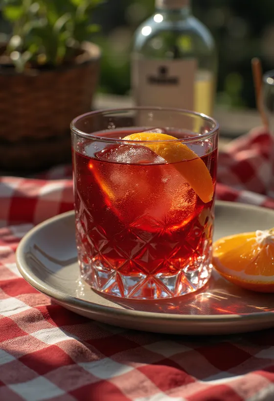 Negroni koktél narancsszelettel díszítve