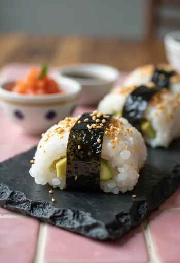 Omusubi avokádóval, japán étel, rizsből és avokádóval, friss korianderrel díszítve