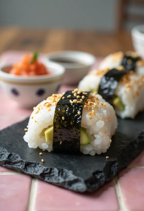 Omusubi avokádóval, japán étel, rizsből és avokádóval, friss korianderrel díszítve