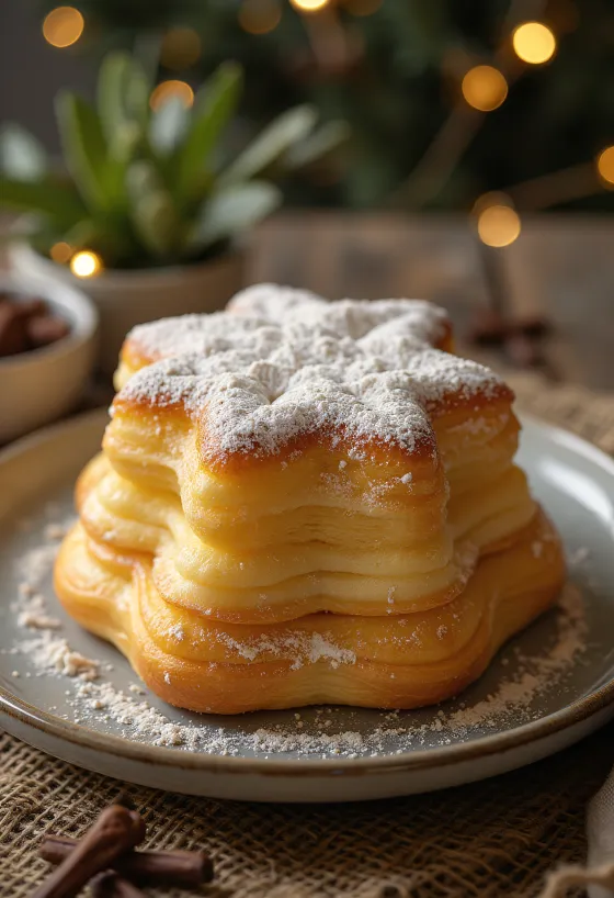 Pandoro szegfűszeggel tálalva, friss karácsonyi díszítéssel