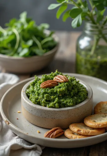 Pesto fodros kellel és pekándióval tálalva, világos tányéron, krémes állaggal