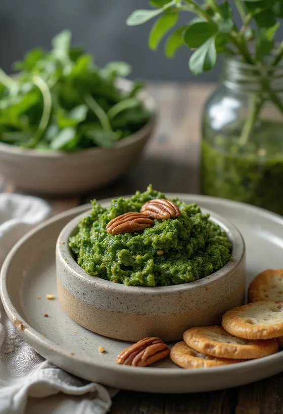 Pesto fodros kellel és pekándióval tálalva, világos tányéron, krémes állaggal