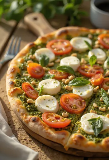 Pesztós pizza friss bazsalikommal, mozzarellával és paradicsommal