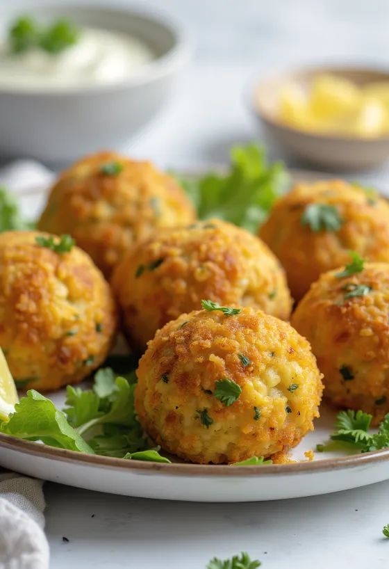 Zöldséges falafel golyók tányéron friss salátával és tahini szósszal tálalva