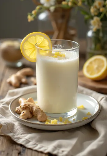 Probiotikus fehér tea-gyömbéres kefir, friss citrommal tálalva