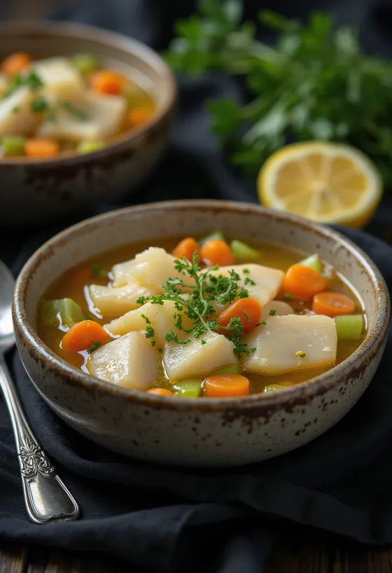 Psarosoupa sárgarépával és zellerrel, gazdag görög halleves friss petrezselyemmel tálalva