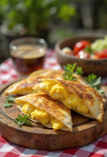Tojással és sajttal töltött quesadilla szeletekre vágva, ropogósra sütve