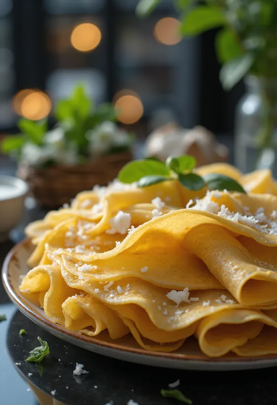 Roti Jala kókusztejjel, indiai étel roti hálós mintával, kókuszreszelékkel