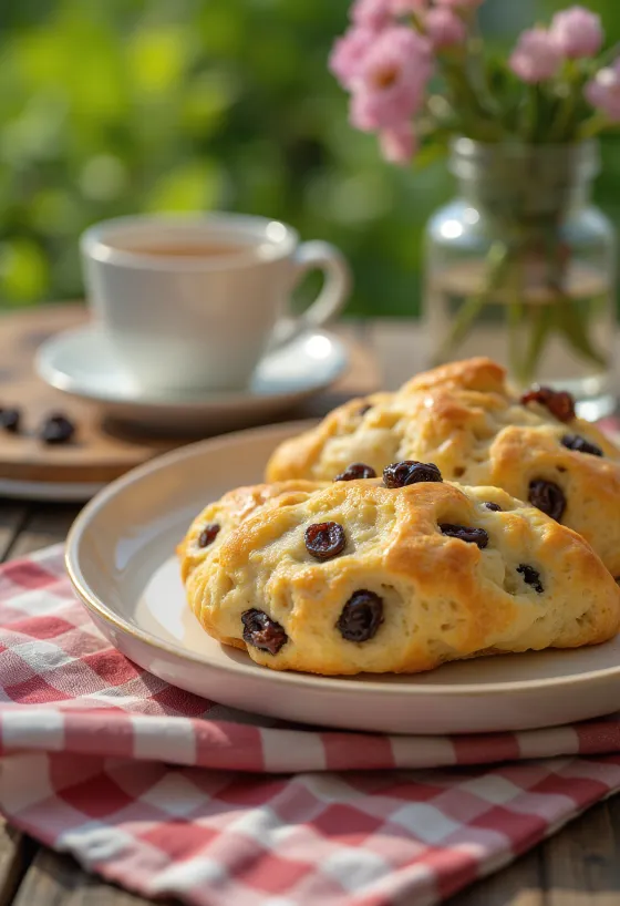 Scone mazsolával, friss teával tálalva, puha és aranybarna