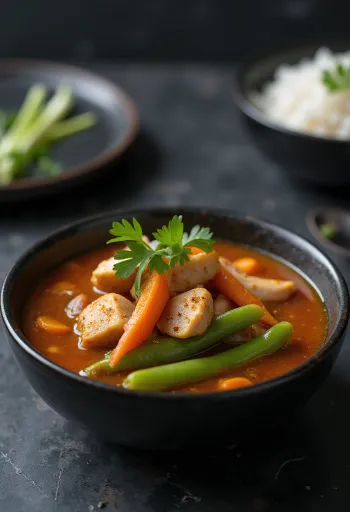 Sinigang tandoori fűszerrel, friss korianderrel díszítve