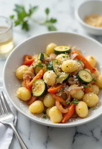 Sült zöldséges gnocchi tálalva
