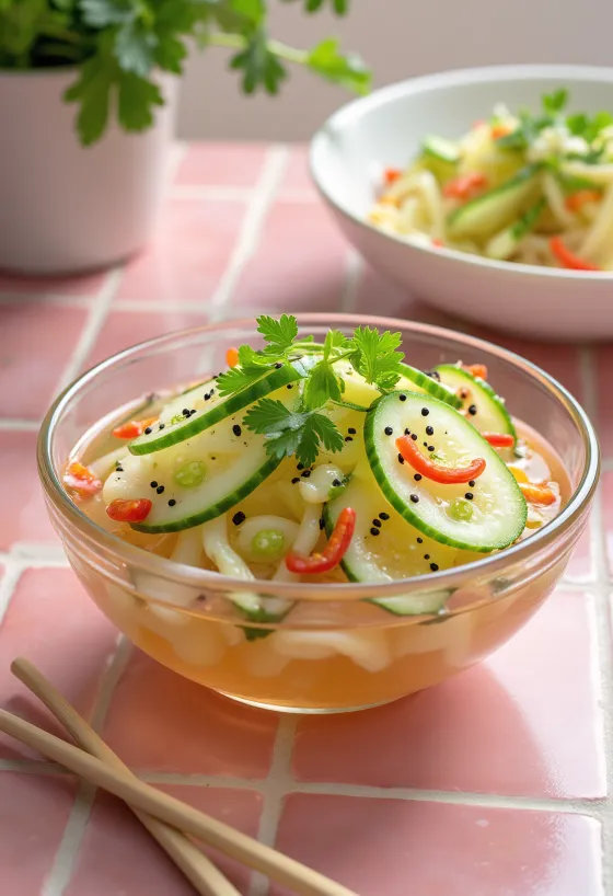 Sunomono fűszeres változata, japán uborkasaláta szezámmaggal és chilivel tálalva