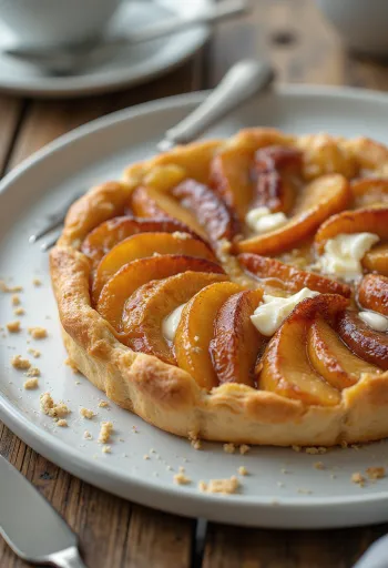 Tarte tatin túróval, karamellizált almás sütemény leveles tésztával tálalva.