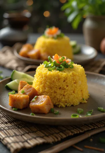 Tumpeng tempeh-vel, egy egzotikus indonéz étel, gazdag rizs, pirított tempeh és friss zöldségek