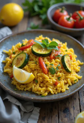 Vegán paella zöldségekkel tálalva