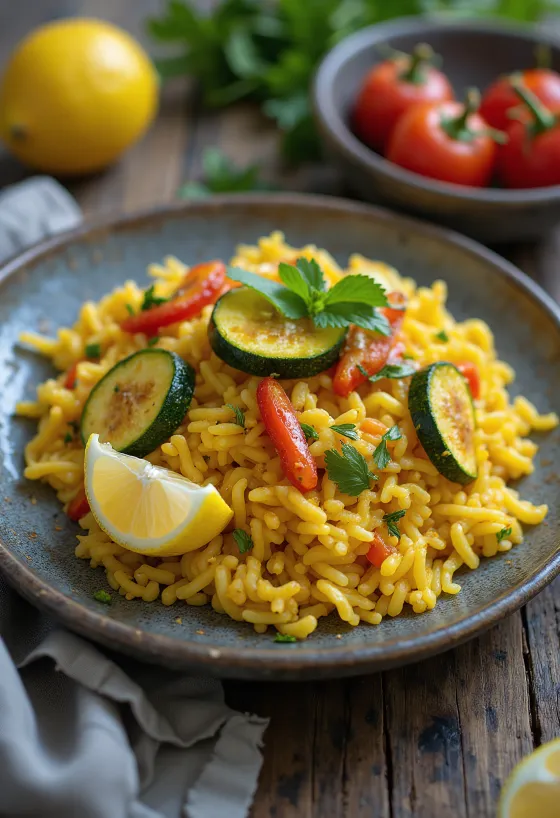 Vegán paella zöldségekkel tálalva