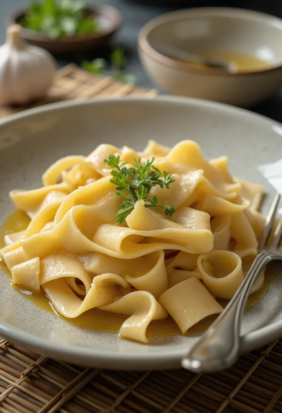 Yuba pappardelle tésztával, szójaszószos tofu bőr szélesmetélt tálalva