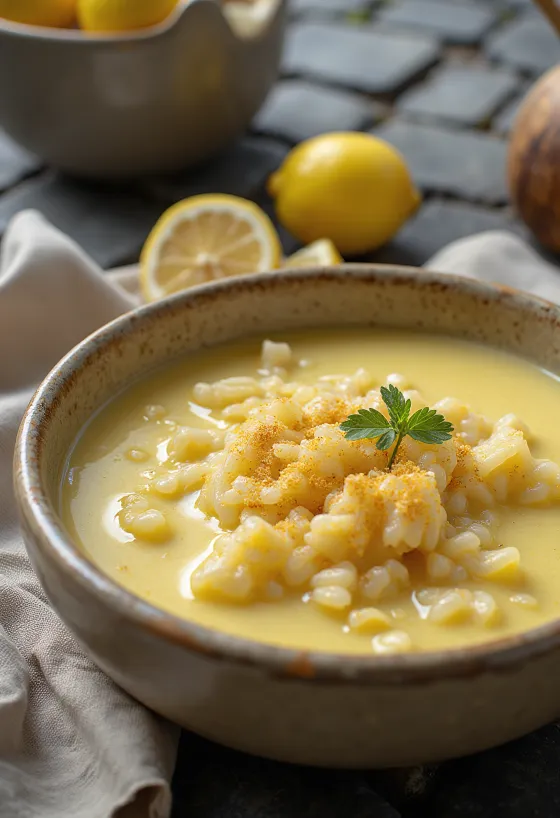 Avgolemono leves friss petrezselyemmel tálalva