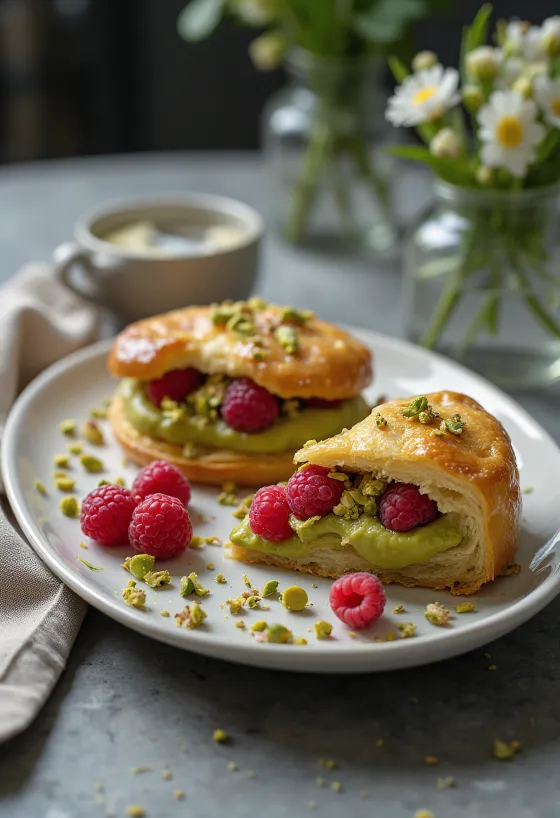 Bakewell tart pisztáciával és friss málnával, aranybarnára sült tésztával