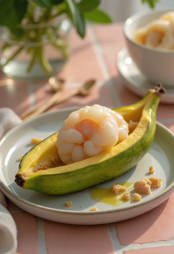 Bánh bột lọc banánlevélben, finom töltelékkel tálalva