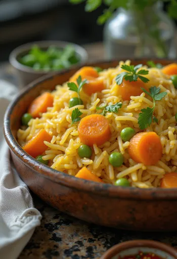 Biryani zöldségekkel gazdag, fűszeres zöldségekkel és basmati rizzsel, friss korianderrel és mentával díszítve.
