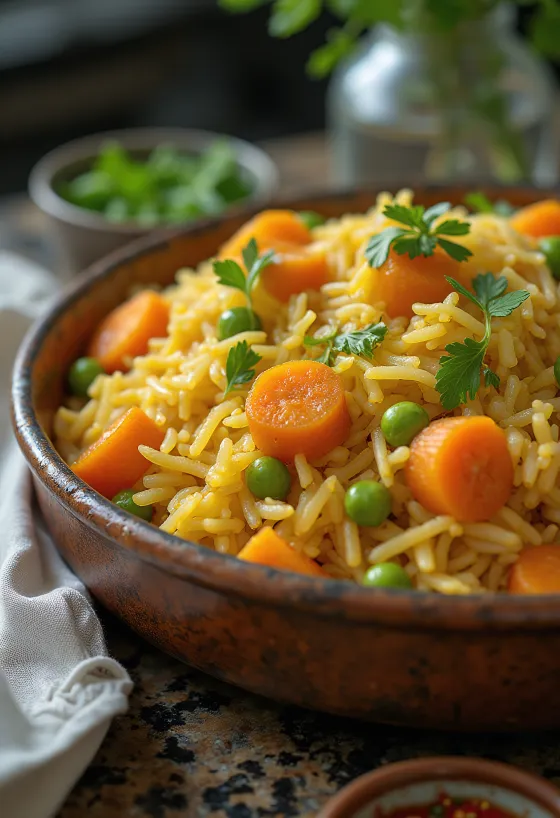 Biryani zöldségekkel gazdag, fűszeres zöldségekkel és basmati rizzsel, friss korianderrel és mentával díszítve.