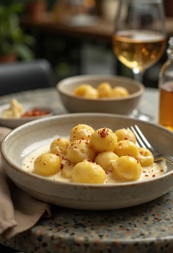 Chilis gnocchi tálalva