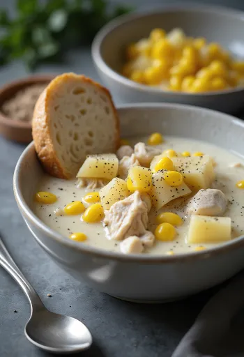 Krémes csirkés chowder zöldségekkel és kukoricával tálalva