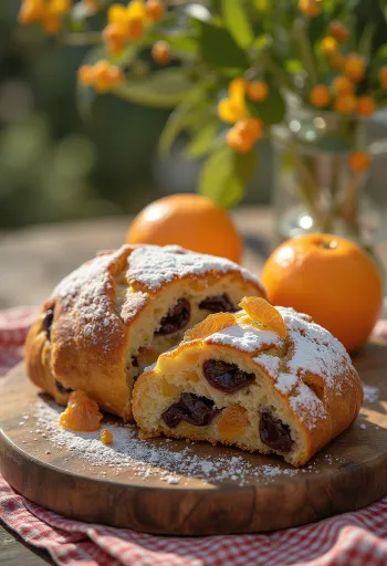 Csokoládé-narancsos Stollen szeletelve, porcukorral meghintve