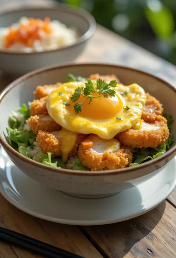 Curry-zöldséges katsudon csirke, ropogós tésztában, friss korianderrel tálalva