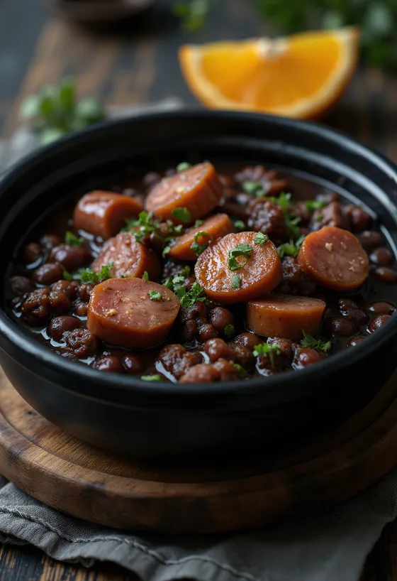 Feijoada füstölt sertéshússal tálalva, gazdag, sűrű leves
