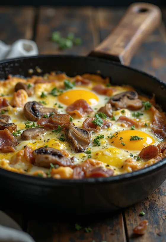 Frittata szalonnával és gombával, friss petrezselyemmel díszítve