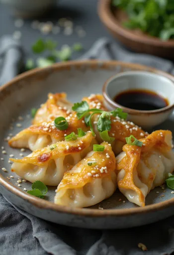 Friss, ropogós gyoza újhagymával, szójás mártással tálalva